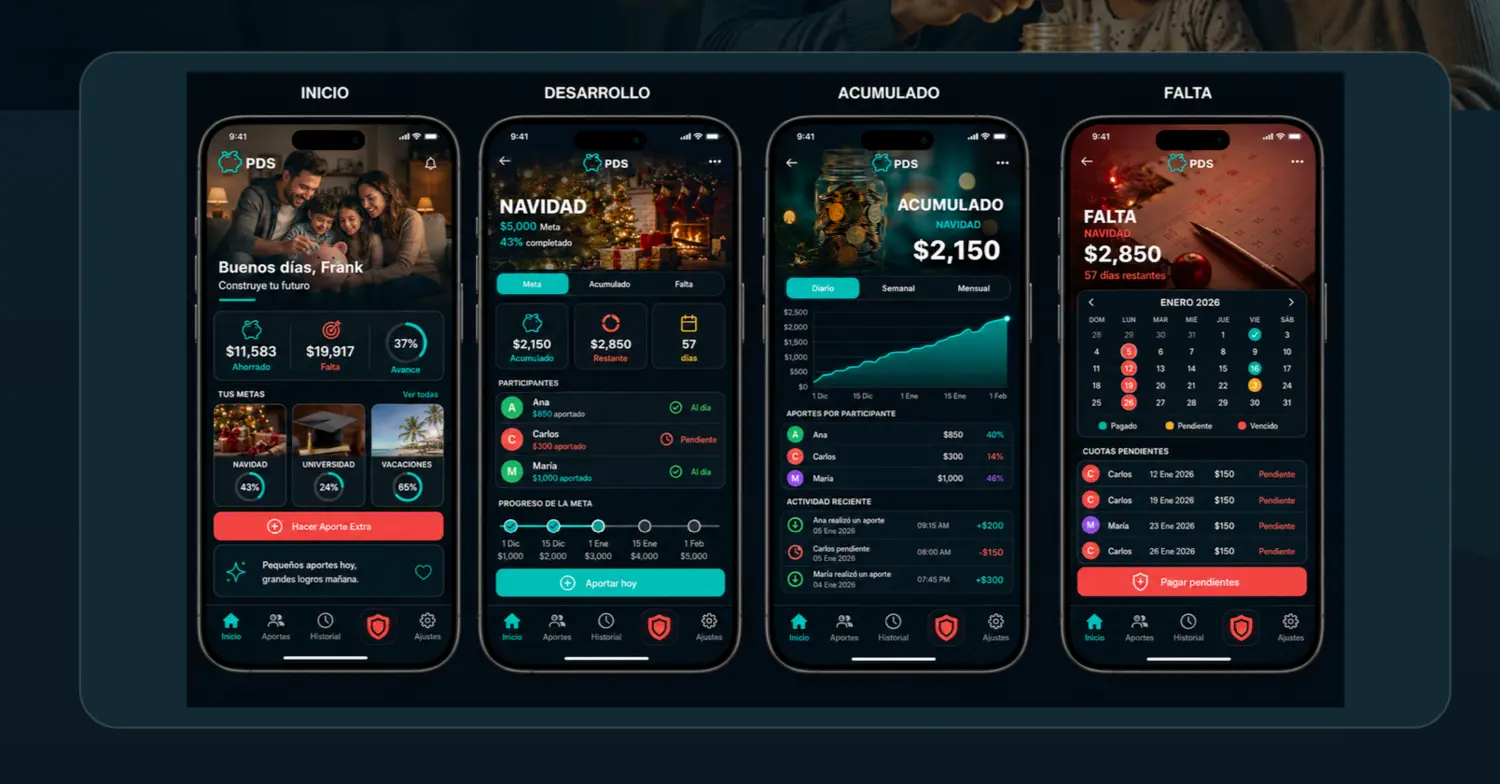 PDS app screens for active goals, progress, accumulated savings, and remaining payments
