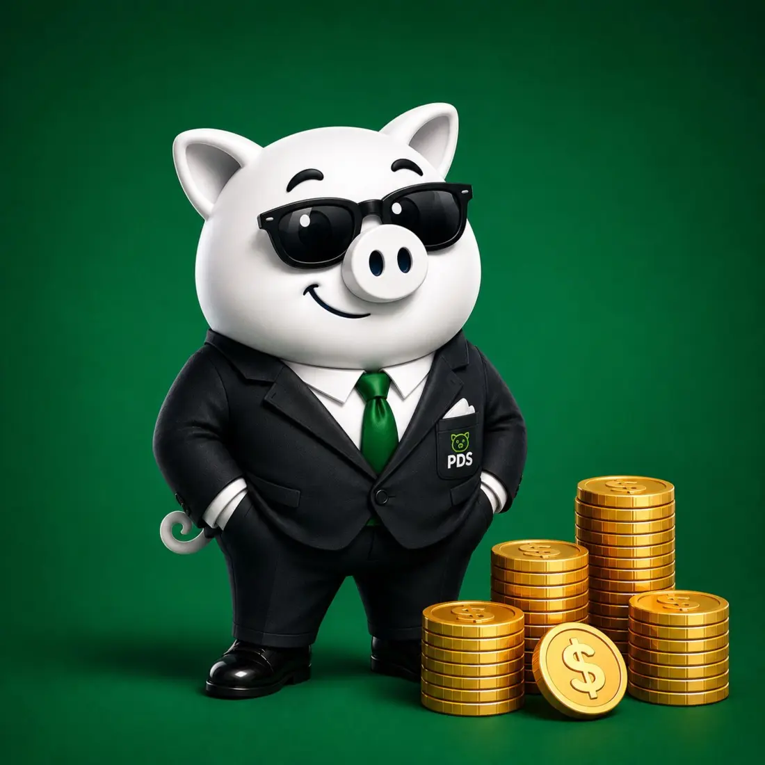 PDS pig mascot in a suit beside stacks of savings coins